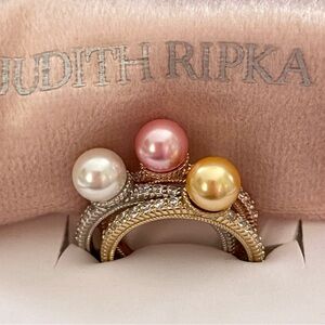 Judith Ripka Pearl Trio Ring Set in Silver, Pink, and Gold